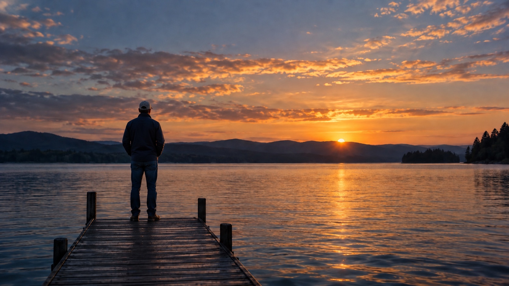 A man quietly looking toward the sunset from a lakeside dock