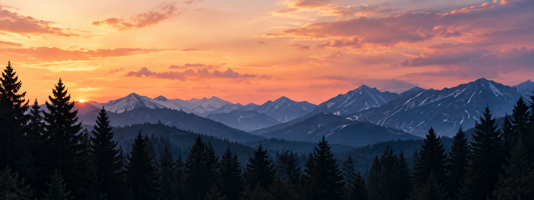 Warm evening light over layered mountain ridges