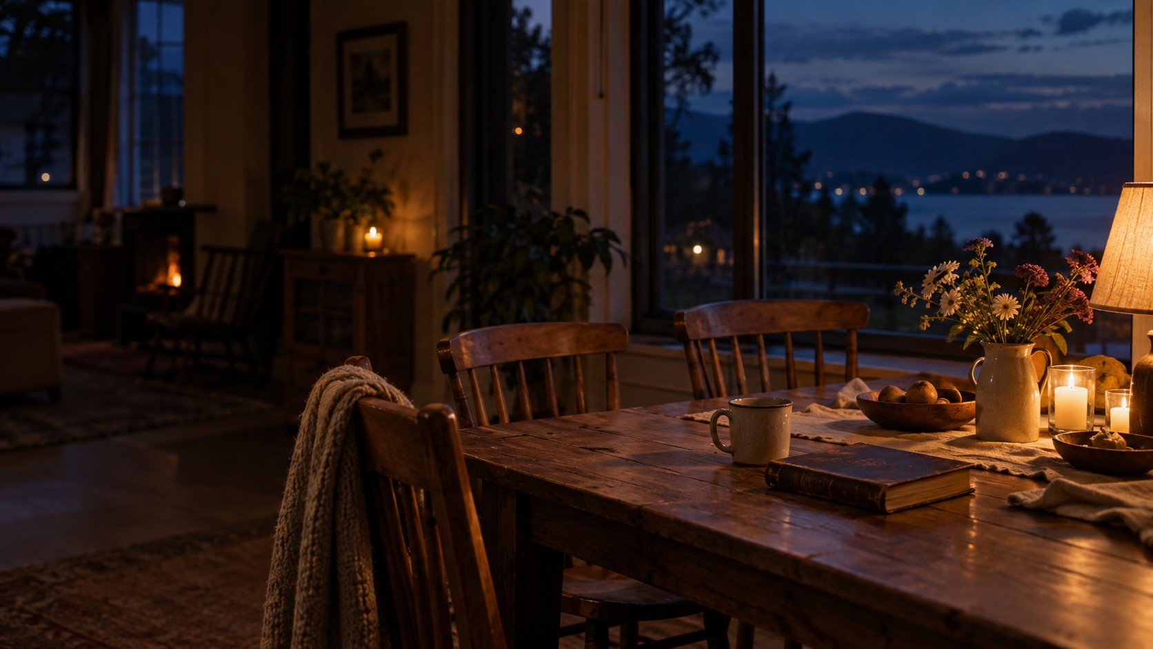 A warmly lit family table beside a window at dusk
